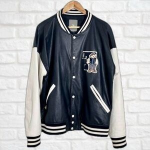 Vintage Y2k Teenie Weenie Vegan Leather Varsity Letterman Jacket-Navy-Size Large
